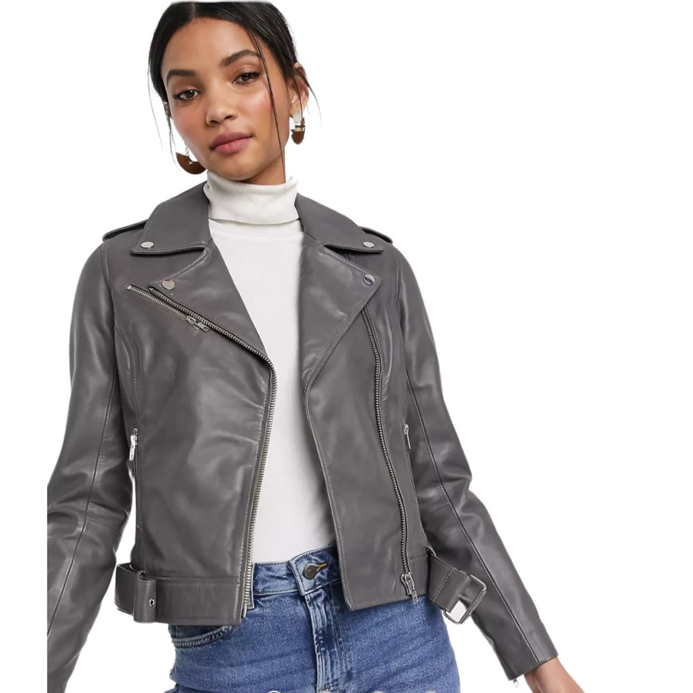 Barneys Originals Women's 100% Leather Biker Jacket Grey Size 6